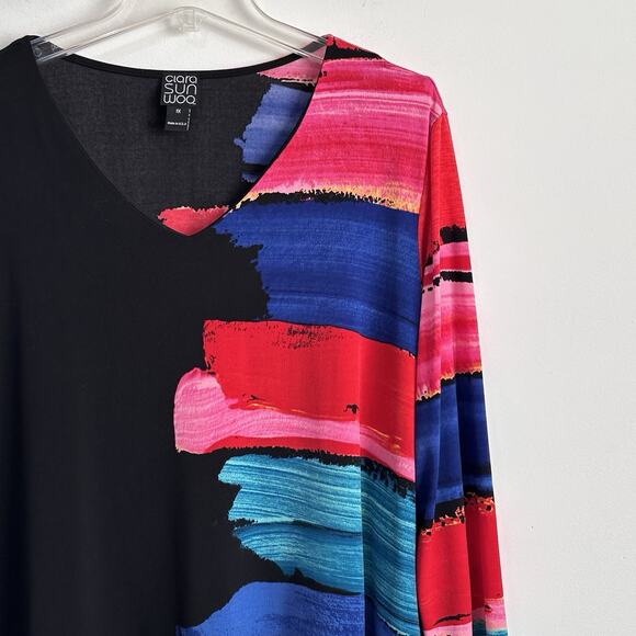 Clara Sun Woo Paint Stroke Tunic Top 1X Plus Asymmetric Hem Long Sleeve Art Knit - Picture 3 of 10
